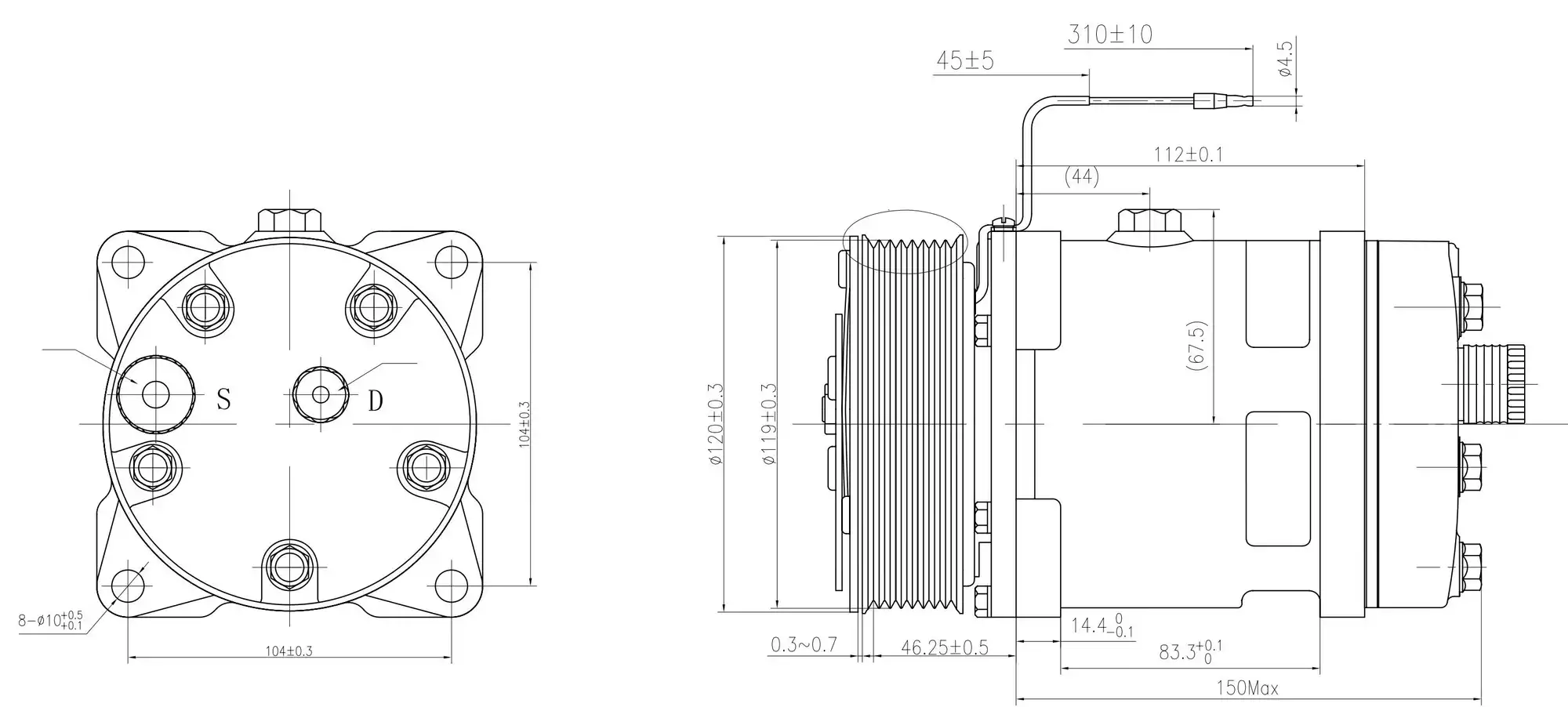 Чертёж компрессора 5H14 PV8 12V горизонтальные выходы